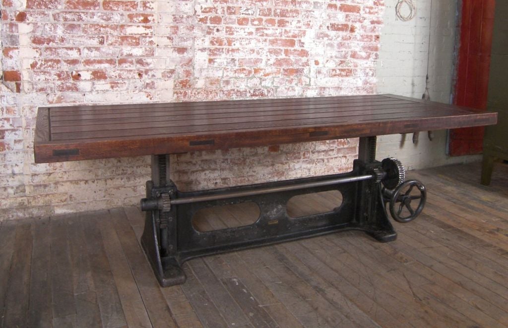 20th Century Vintage Industrial Adjustable Wood & Cast Iron Table