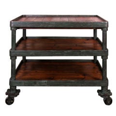 Vintage Industrial Wood & Cast Iron Three Tier Rolling Cart