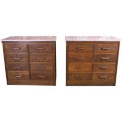 Pair of Vintage Wood & Marble Medical School Storage Cabinets