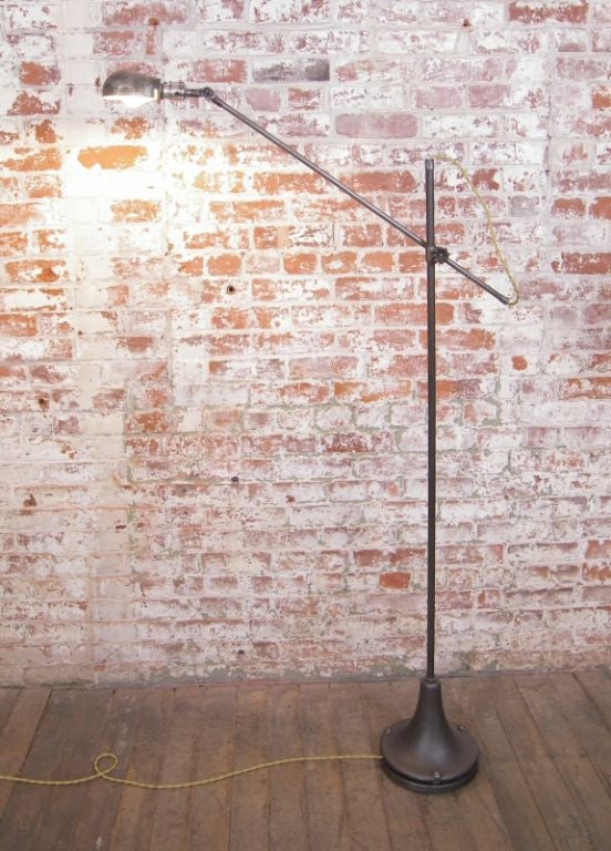 Vintage Industrial Adjustable Cast Iron and Steel Floor Standing Task Lamp Light In Good Condition In Oakville, CT