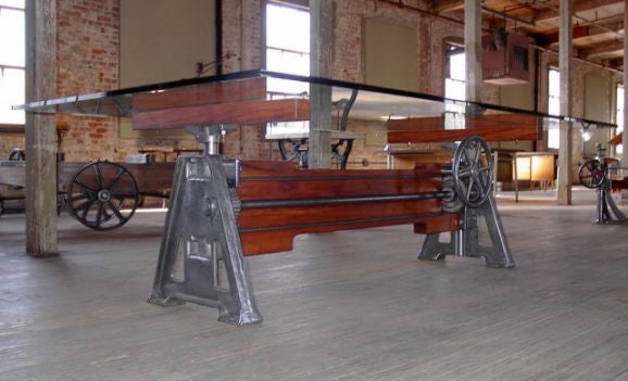 20th Century Industrial Adjustable Wood & Metal / Cast Iron Table Base