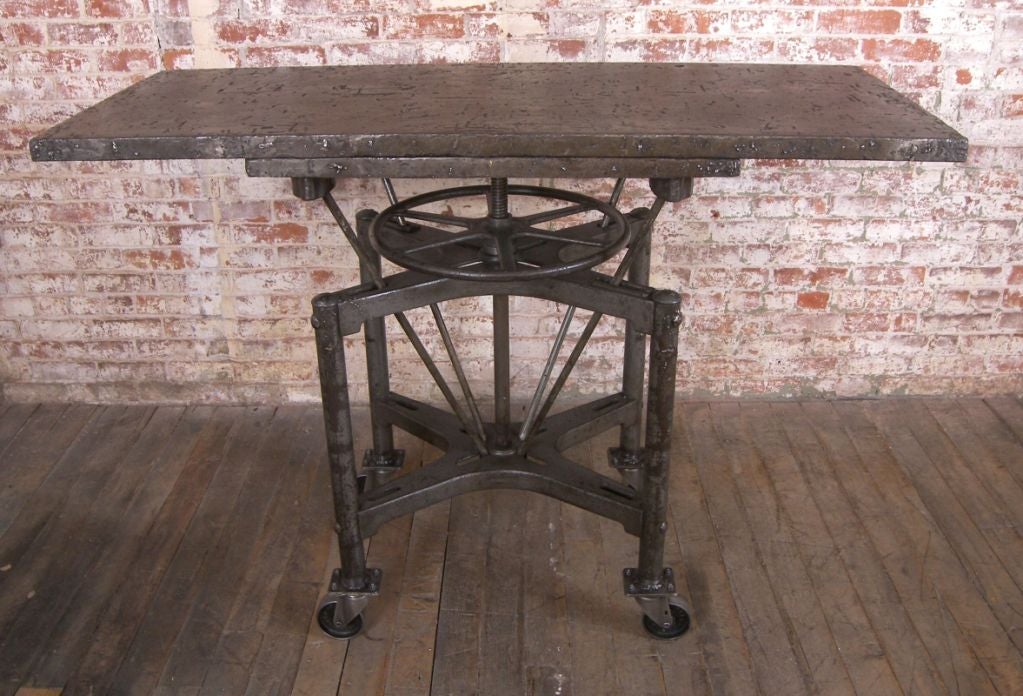 Vintage Industrial Adjustable Steel Bar / Table on Casters. Height is Adjustable from 37 1/4