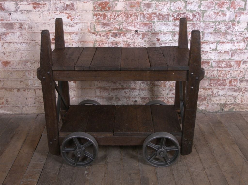 Vintage Industrial Wood and Cast Iron Bar Cart / End Table 2 at 1stDibs