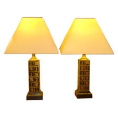 Pair "Chess" Theme Cast Bronze Table Lamps