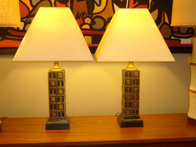 Pair "Chess" Theme Cast Bronze Table Lamps