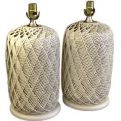 Pair White Optic Woven Cane Table Lamps