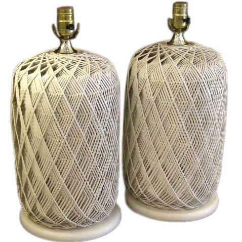 Pair White Optic Woven Cane Table Lamps