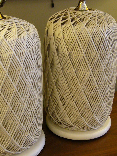 Late 20th Century Pair White Optic Woven Cane Table Lamps