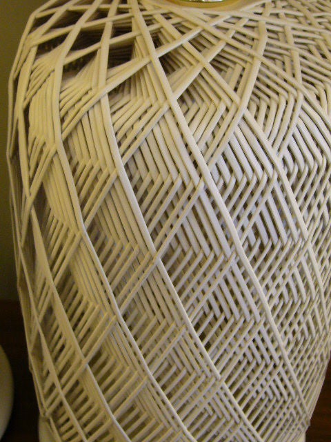 Pair White Optic Woven Cane Table Lamps 1