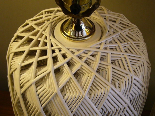 Pair White Optic Woven Cane Table Lamps 2