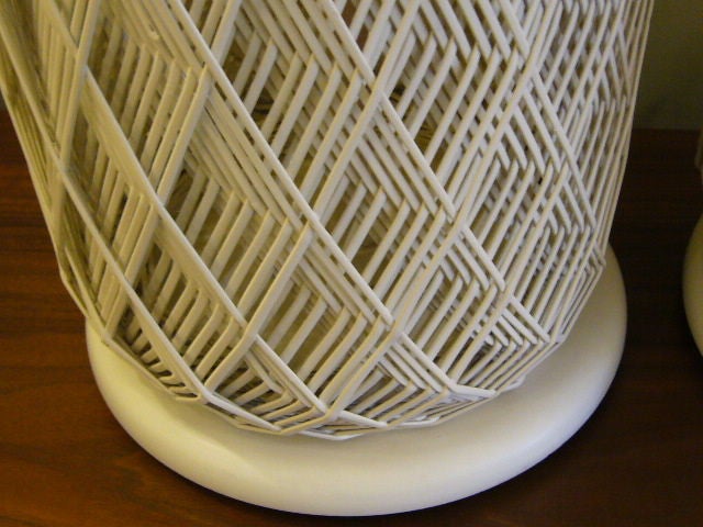 Pair White Optic Woven Cane Table Lamps 3