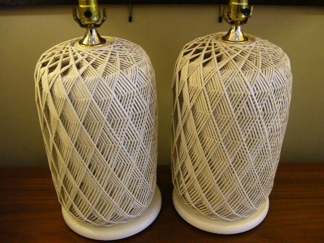 Pair White Optic Woven Cane Table Lamps 4