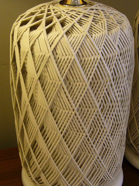 American Pair White Optic Woven Cane Table Lamps