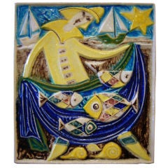 Retro Whimsical Piotr Baro Pottery Wall Plaque "Fisherman"