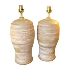 Large Unusual Textured Swirl Glaze Pottery  Lamps