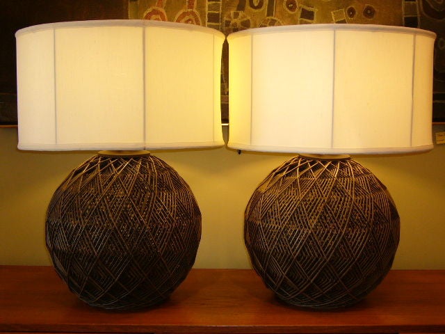 Optic Woven Cane Geodesic Orb Table Lamps 5