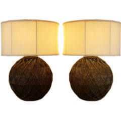 Optic Woven Cane Geodesic Orb Table Lamps