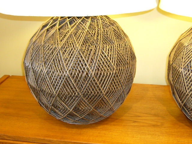 Late 20th Century Optic Woven Cane Geodesic Orb Table Lamps
