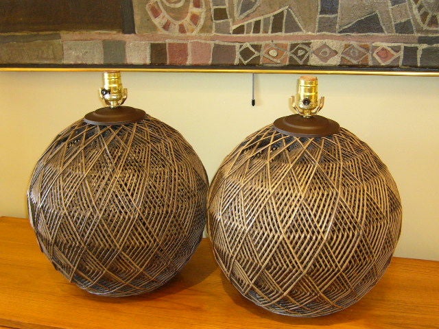 American Optic Woven Cane Geodesic Orb Table Lamps