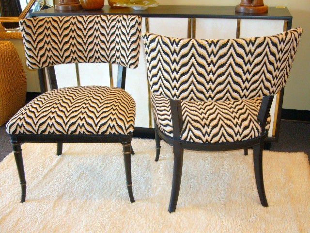 Exceptional black patinated & parcel gilt Klismos chairs upholstered in exquisite Bargello needlepoint embroidery.  The needlepoint is divine in white, yellow & black with French gimp.  Wonderful Regency style slightly curved front legs with gilt