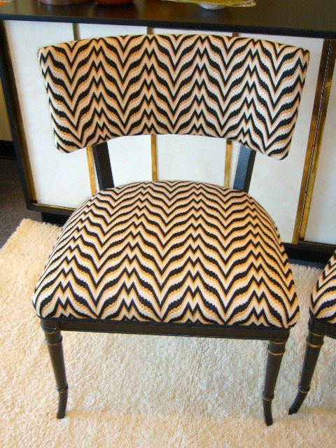 European Fine Bargello Klismos Chairs, Black Painted & Parcel Gilt