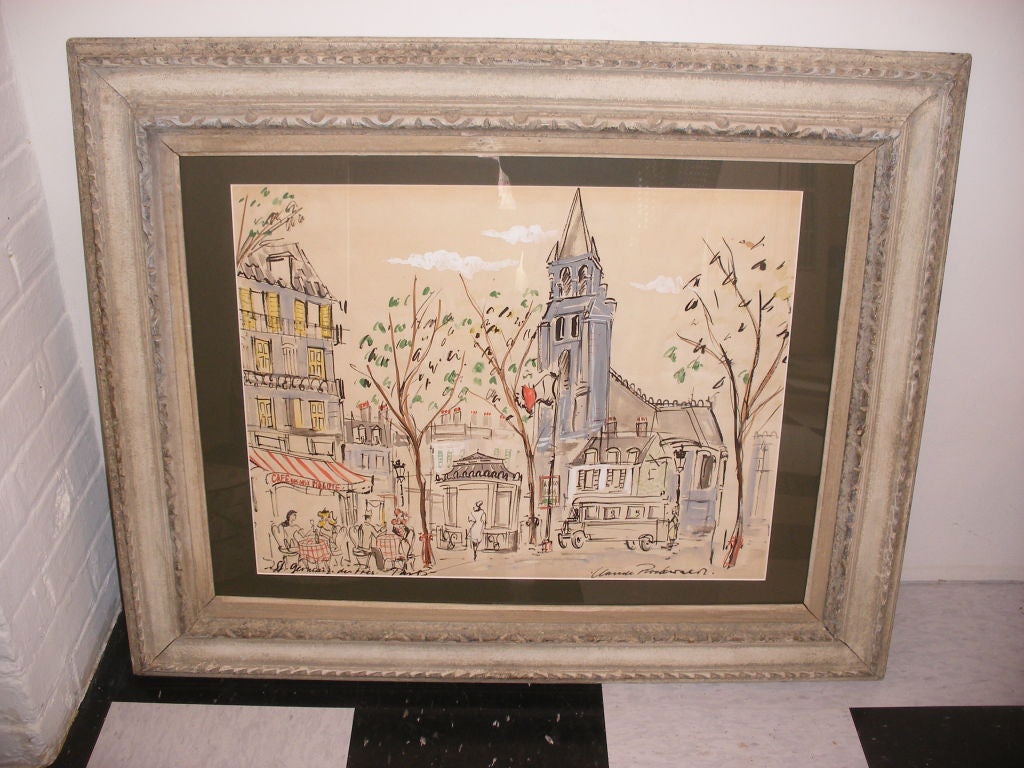 AN ORIGINAL CLAUDE RODEWALD GOUACHE AND INK ON PAPER TITLED ST. GERMAIN DES PRES PARIS FRAMED IN A VINTAGE 1950S FRENCH WOOD FRAME.