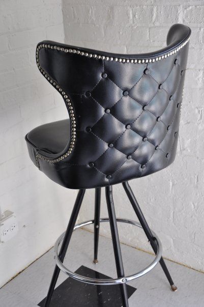 VERY COOL BLACK BAR STOOLS CIRCA 1960S.  DIAMOND DETAILING AND BUTTON BACKS - KLISMOS STYLING!  SEAT HEIGHT 29 inches - LEGS CAN BE CUT DOWN TO ACCOMMODATE 36