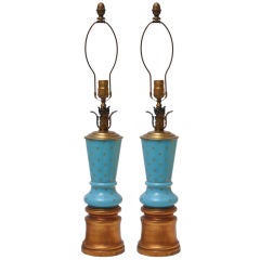 PAIR OF BLUE OPALINE GLASS LAMPS WITH GOLD STARS