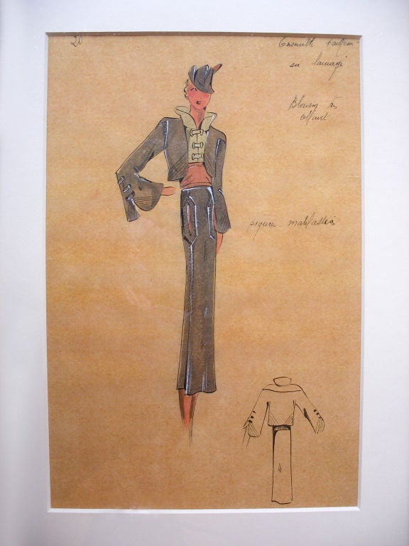 SET OF SIX 1930S FASHION DRAWINGS NEWLY FRAMED