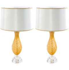 Vintage Pair of Amber and Cream Murano Lamps
