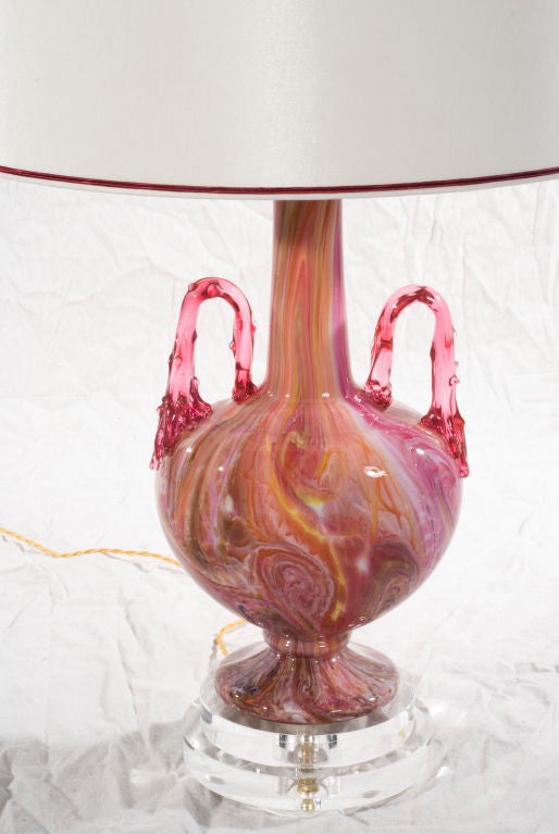 Fantastic vintage Murano lamp in pink with multi-color swirl detail. Custom silk shade made in Paris.