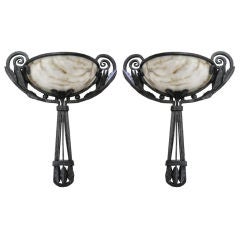 Pair Wrought Iron & Alabaster Sconces in the Style of Paul Kiss