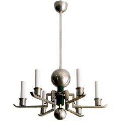 Swedish Art Deco 6 arm nickel chandelier with globes.