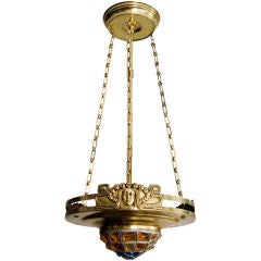 Swedish Art Nouveau "Jugend" chandelier brass and leaded glass.