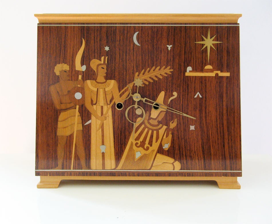Swedish Art Deco mantel clock from Mjolby Intarsia, Anders Lindner In Excellent Condition In New York, NY