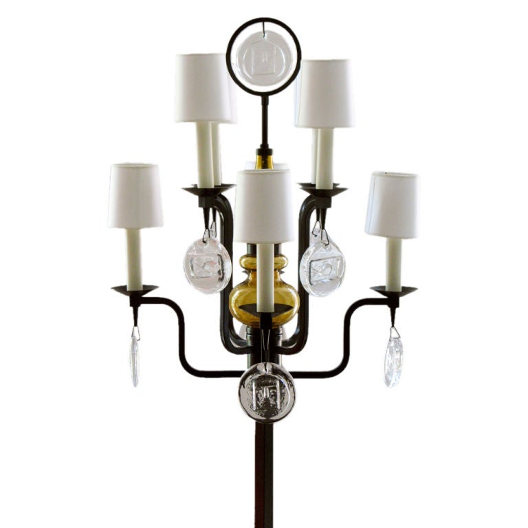Erik Hoglund 8 arm crystal and iron candelabra floor lamp.