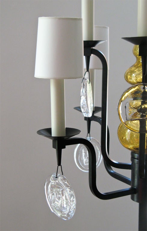 Swedish Erik Hoglund 8 arm crystal and iron candelabra floor lamp.