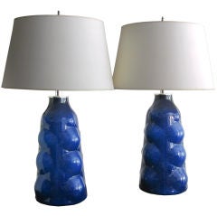 Large pair of Swedish cobalt blue glass lamps made by Flygsfors