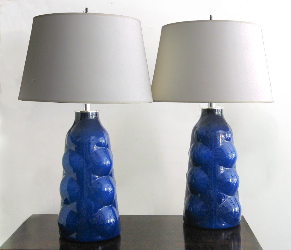 Large Pair Of Swedish Cobalt Blue Glass Lamps Made By Flygsfors At Large Pair Of Rare Form Swedish Cobalt Blue Glass Table Lamps Have Chrome