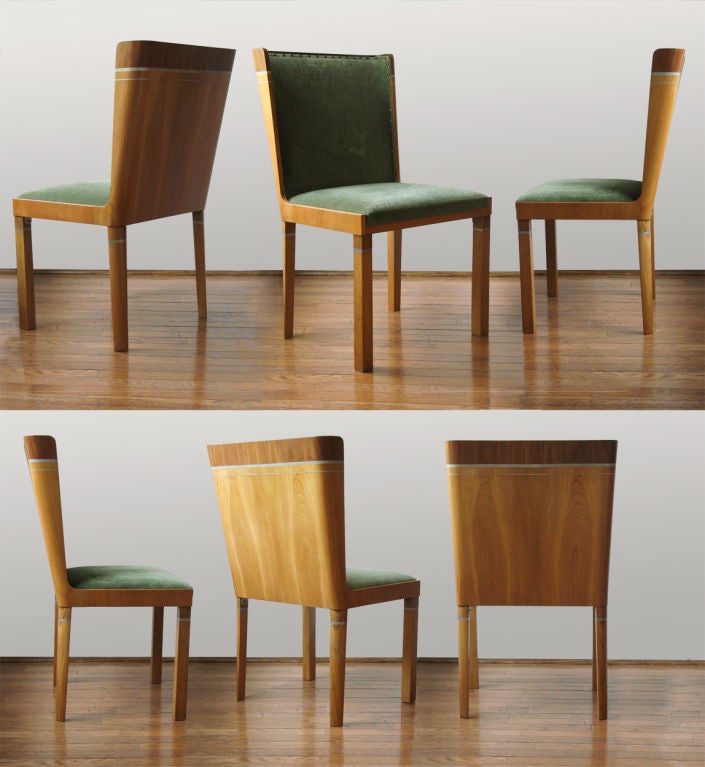 Rare Art Deco set of six 1930’s dining chairs by Swedish architect Carl Bergsten. Masterfully crafted chairs are veneered in elm, mahogany and detailed with pewter inlay. (Matching dining table is available separately). Some of Bergsten works