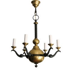 Swedish Art Deco 6 arm chandelier patinated bronze and brass.