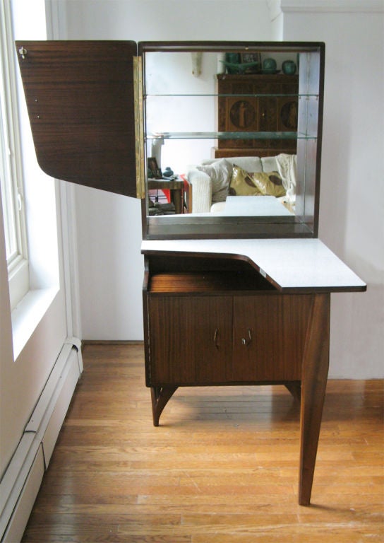 Scandinavian mid-century mahogany bar cabinet drop front table. 2