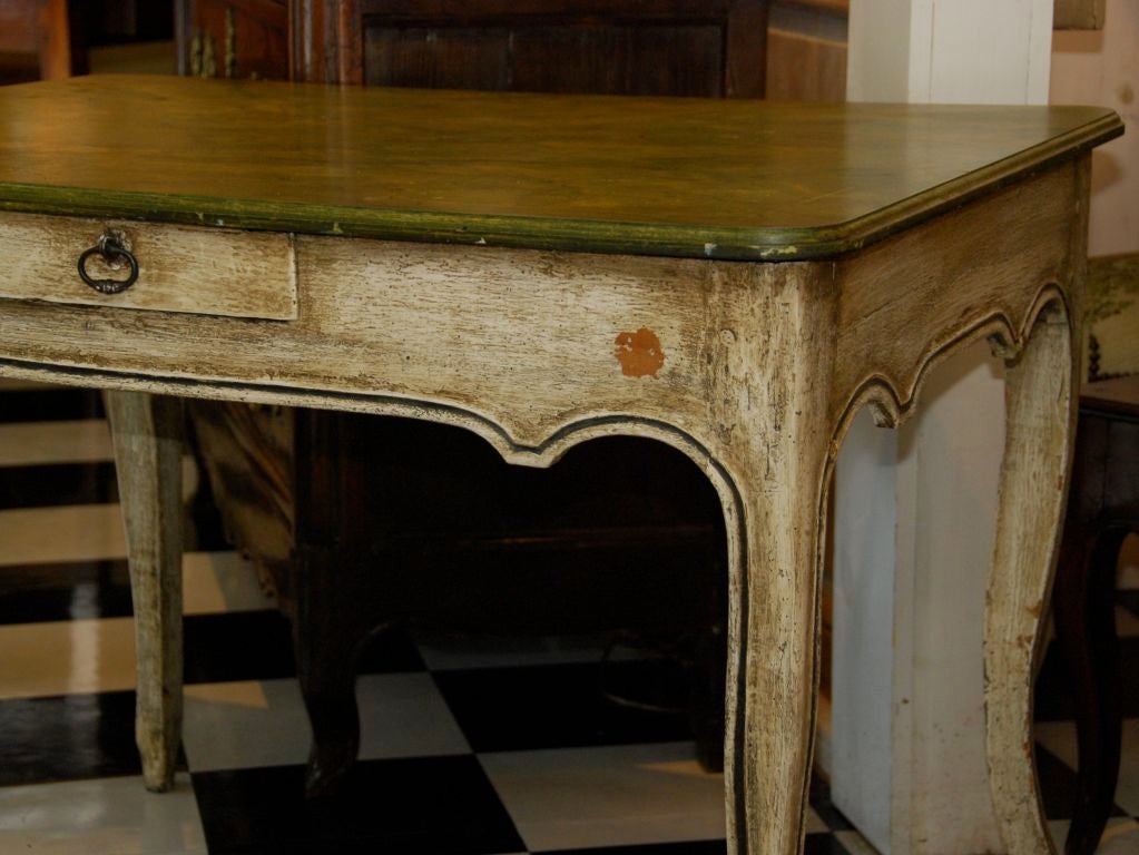 Painted French writing table with faux painted top, cabriole legs and a single drawer