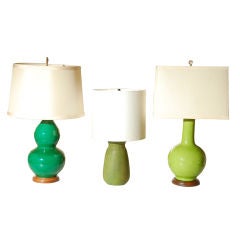 3 Green Vintage pottery lamps with linen shades