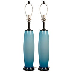 Pair of Murano Sky Blue Cased Glass Lamps