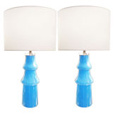 Pair of Swedish Sky Blue Art Glass Lamps by Johanfors