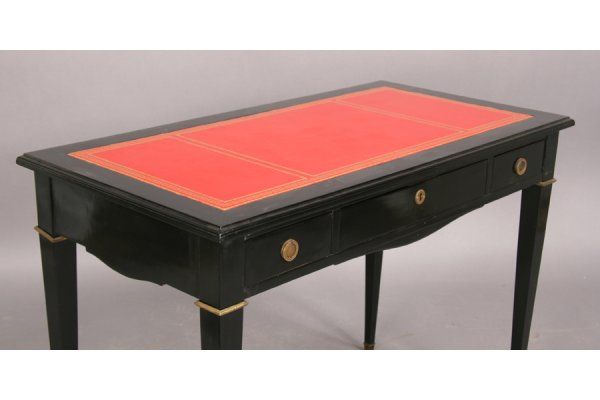 French Maison Jansen Black Lacquer Writing Desk With Red Leather Top