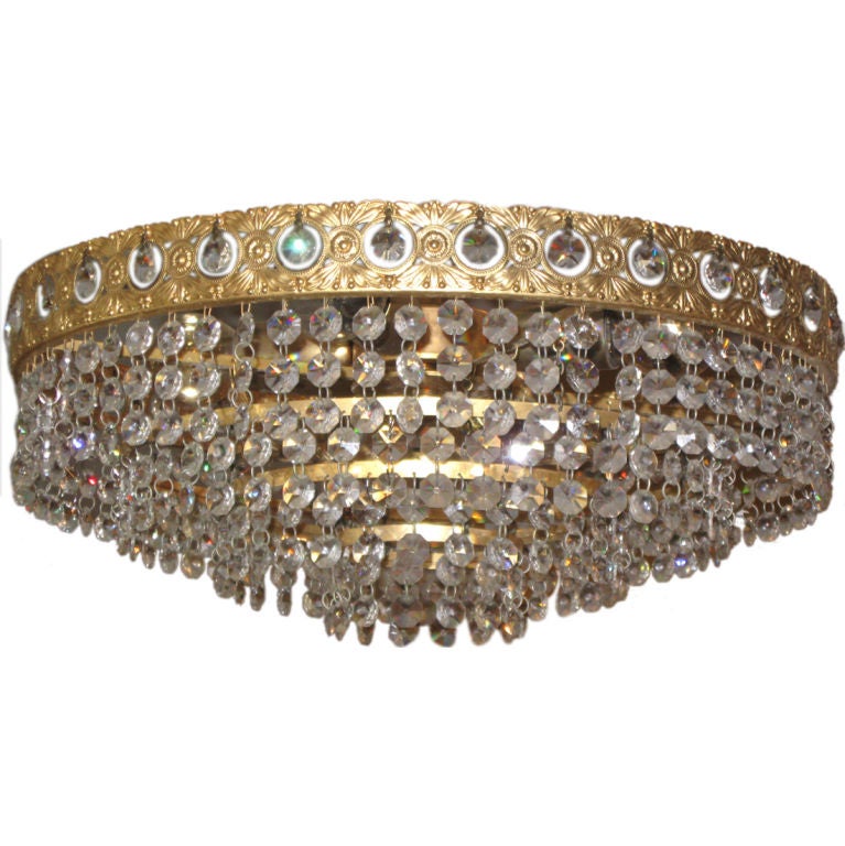 Brass and Crystal Flush Mount Chandelier