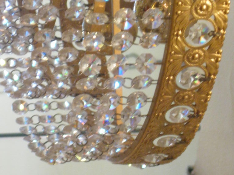 Mid-20th Century Brass and Crystal Flush Mount Chandelier