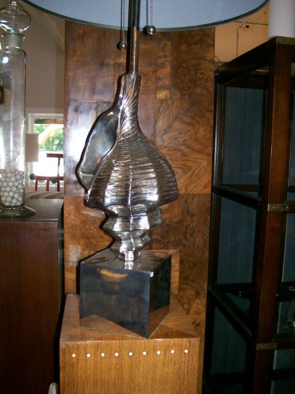 Wonderful nickel plated conch shell table lamp on nickel pedestal base. Totally rewired for UL standards. Shade not included.